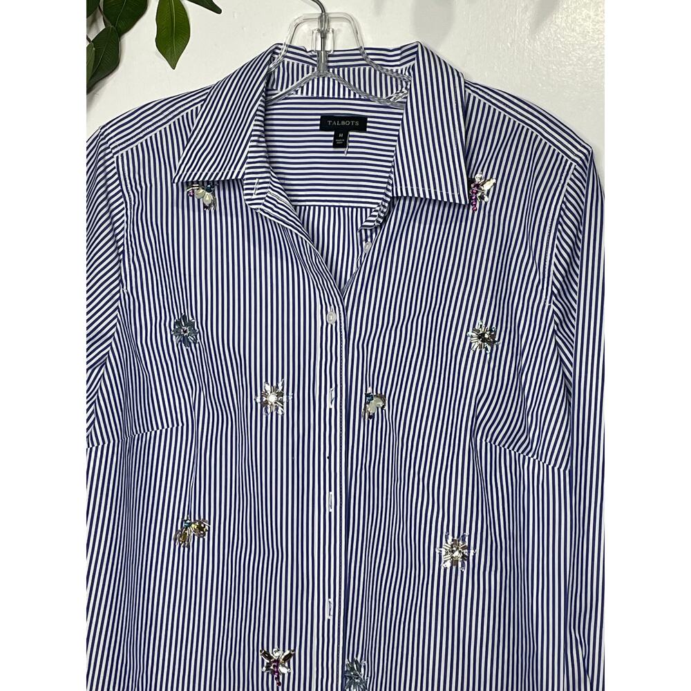 Talbots striped button down blouse rhinestone flowers and insect hand beaded. M